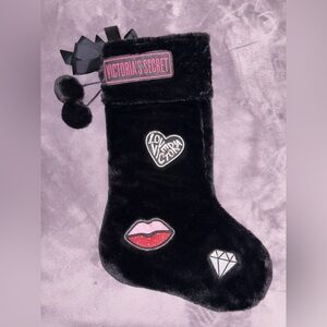 NEW - Victoria’s Secret Black & Pink Fluffy Christmas Stocking with Pom-Poms